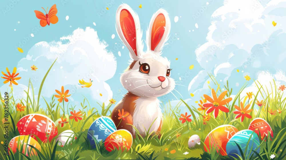 Colorful digital art of a happy Easter bunny sitting in a field with decorated eggs. Colorful digital art of a happy Easter bunny sitting in a field with decorated eggs.