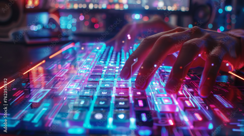 Close-up of hands typing rapidly on a glowing neon-lit keyboard with futuristic technology vibes.