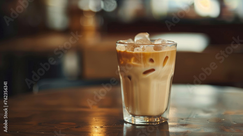 Iced coffee cubes with milk. Glass of cold coffee with ice cubes