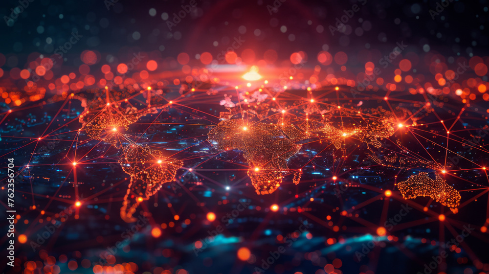 Obraz premium Abstract image representing global connectivity with bright network lines and nodes spanning across a stylized map of the world.
