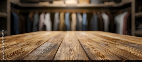 A hardwood plank table with a rich wood stain finish sits in the foreground, while a blurred closet with laminate flooring is visible in the background