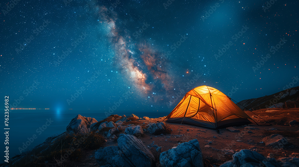 Beautiful night landscape with a wooden house on the top of the mountain. Camping on the beach. Night sky with stars and milky way.