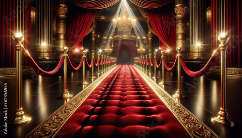 high-end red carpet event at a prestigious venue, with luxurious velvet ropes lining the carpet, photo