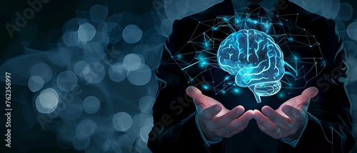 A person in a suit interacts with a holographic brain, illustrating advanced neuroscience and artificial intelligence themes within a bokeh light back
