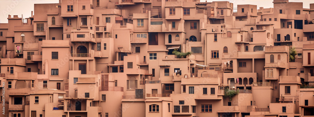 A densely packed apartment building with a pink facade A densely packed apartment building with a pink facade