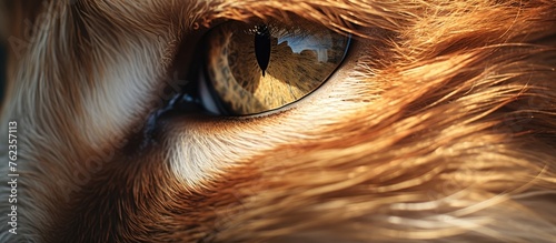 A close up of a felines eye. The cats eyelash, whiskers, fur, and snout are visible. The carnivore belongs to the Felidae family and has a terrestrial lifestyle