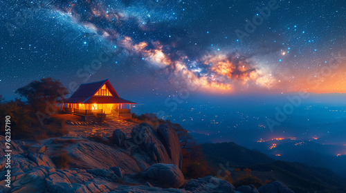 Beautiful night landscape with a wooden house on the top of the mountain. Camping on the beach. Night sky with stars and milky way.