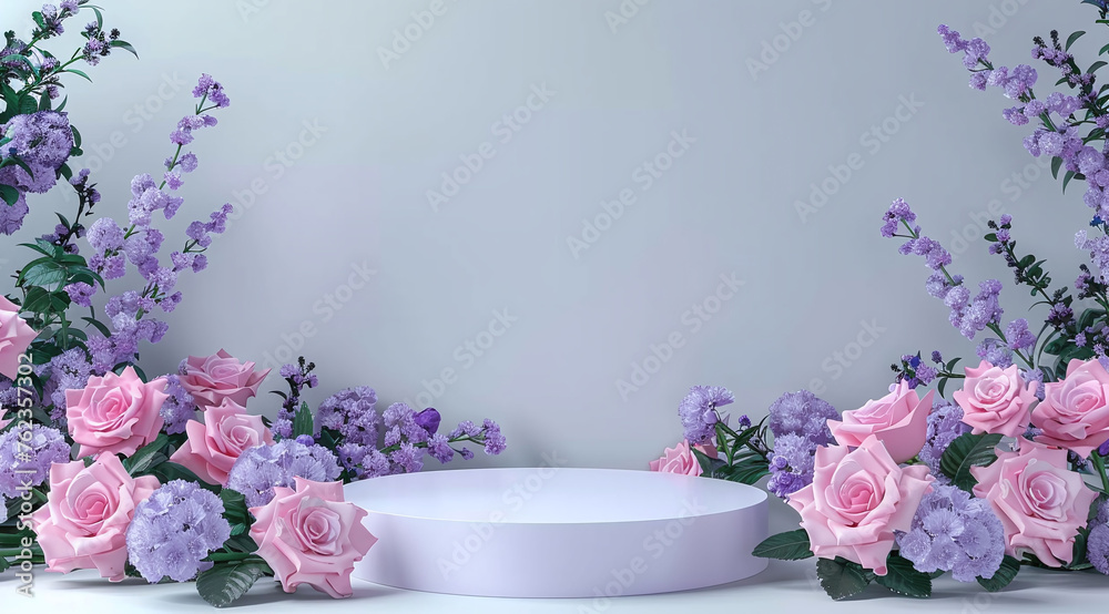 White podium with purple wildflowers and soft shadows. Natural beauty presentation concept with a clean, minimalist design for product display. Studio shot with copy space and sunlight effect.
