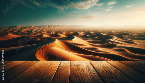 desert scene with undulating sand dunes stretching into the distance under a clear sky.