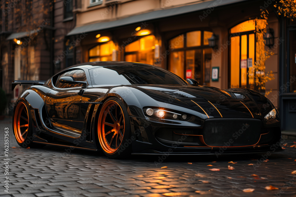 A fictional futuristic design luxury sports car on the street at night