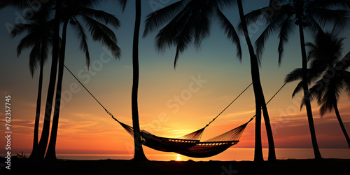 sunset at the beach, A couple sharing a hammock with a view of the sunset over the ocean surrounded by palm trees, A wooden swing or cradle on the beach with beautiful cloud and sky, Generative AI © ali