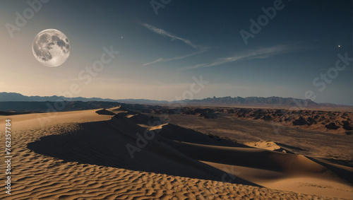 The moon ascends over the barren desert landscape, casting an ethereal light on the sandy dunes and rugged terrain below.
