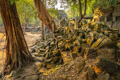 The hidden beauty of ancient temple ruins in the middle of jungle forest temple of Beng Mealea temple, Siem Reap, Cambodia.