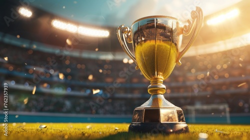Gold Cup Displayed Close Up ,Pure Green Grass Background Blurred Light Spotlight