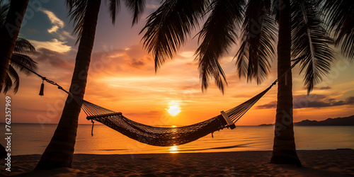 sunset on the beach, Hammock on the beach at sunset, Hammock on a palm tree at Pattaya Beach, seascape ocean and blue sky Free Photo, A hammock on a beach at sunset foreground., Generative AI