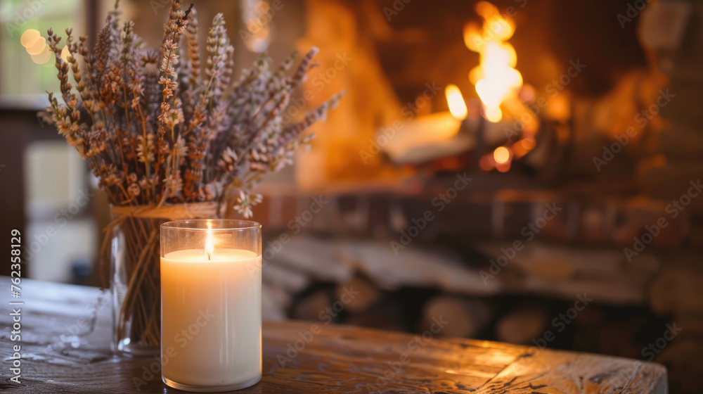 Scented candle on a fireplace in a cottage - obrazy, fototapety, plakaty 