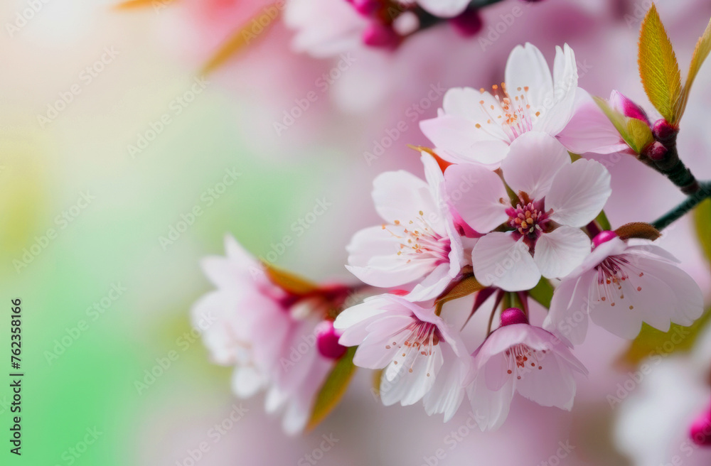Fototapeta premium A branch of a cherry blossom in close-up. Springtime background for banner, greeting card, invitation, Women's Day, Mother day, Valentine's Day, wedding. Composition with copy space. 