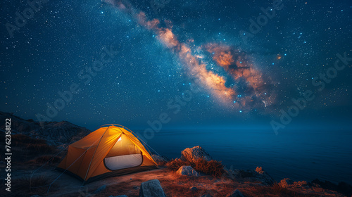 Beautiful night landscape with a wooden house on the top of the mountain. Camping on the beach. Night sky with stars and milky way. © Phichet1991