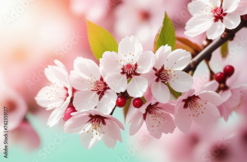 A branch of a cherry blossom in close-up. Springtime background for banner, greeting card, invitation, Women's Day, Mother day, Valentine's Day, wedding. Composition with copy space. 