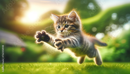 playful kitten mid-leap over a lush green lawn, with its fur pattern showing distinct and clear tabby markings