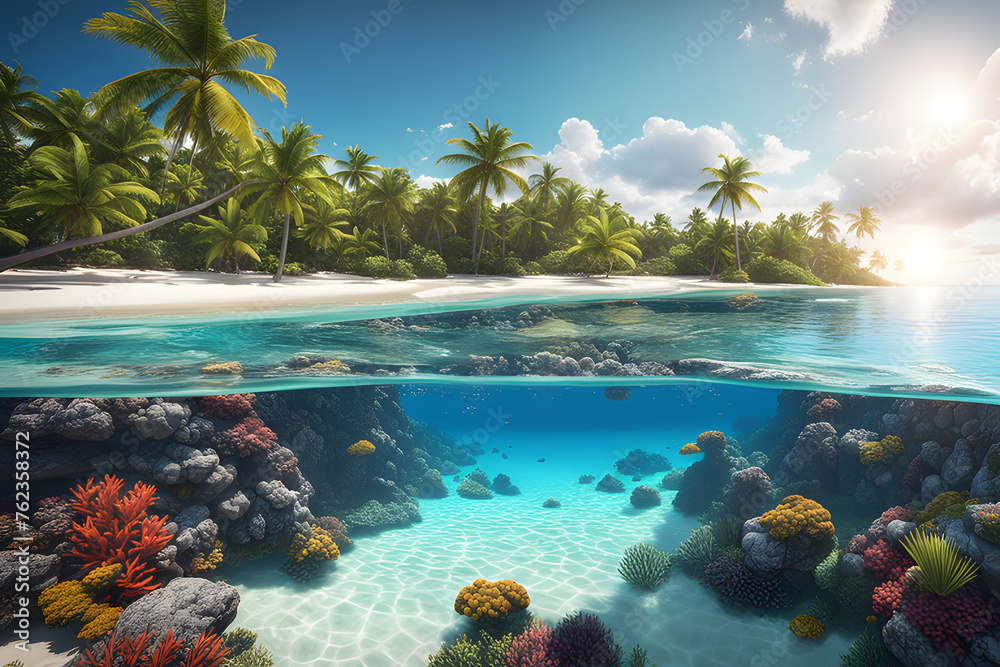 Beach paradise with swaying palm trees lining a turquoise ocean - obrazy, fototapety, plakaty 