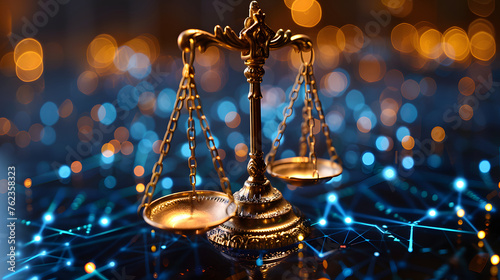 Balance scales on a digital network background with glowing nodes. Conceptual image for technology law, cyber justice, or data protection themes, suitable for presentations and web design photo
