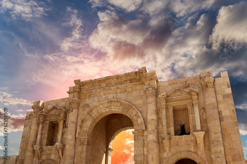 Roman ruins (against the background of a beautiful sky with clouds) in the Jordanian city of Jerash (Gerasa of Antiquity), capital and largest city of Jerash Governorate, Jordan