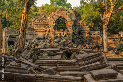 The hidden beauty of ancient temple ruins in the middle of jungle forest temple of Beng Mealea temple, Siem Reap, Cambodia.