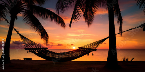 sunset at the beach, A hammock on a beach at sunset with palm trees in the foreground., A tropical beach at sunset with a hammock under a palm tree, A hammock is framed by palm., Generative AI