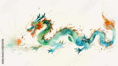 Watercolor illustration of flying dragon in Chinese style. Hand-drawn green asian dragon on white background isolated.