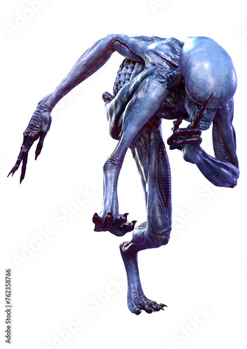 3D Rendering Blue Alien on White