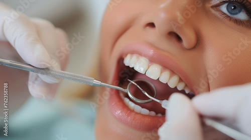 Close-up of woman having her teeth examined.