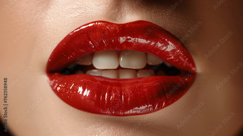 Obraz premium Sexy Red Lips close up. Beautiful Perfect Makeup. Beautiful red Lip Gloss. Cosmetic.mouth open, big lips. Cosmetic beauty procedures.
