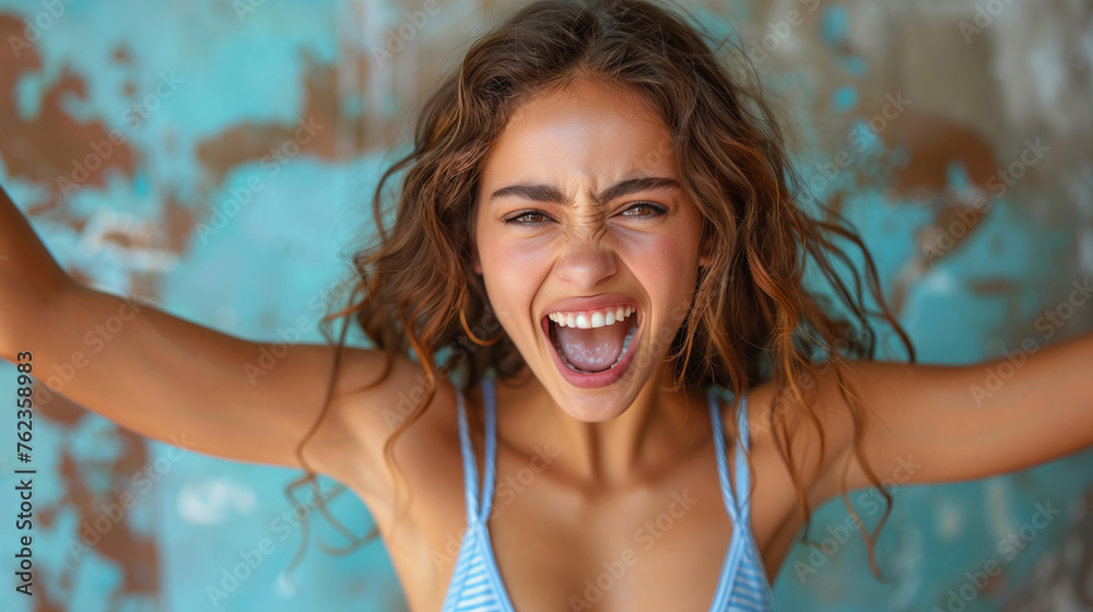 Screaming young woman standing isolated . Screaming young woman standing isolated .
