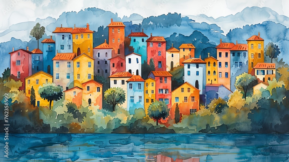 Abstract watercolor panorama of a city