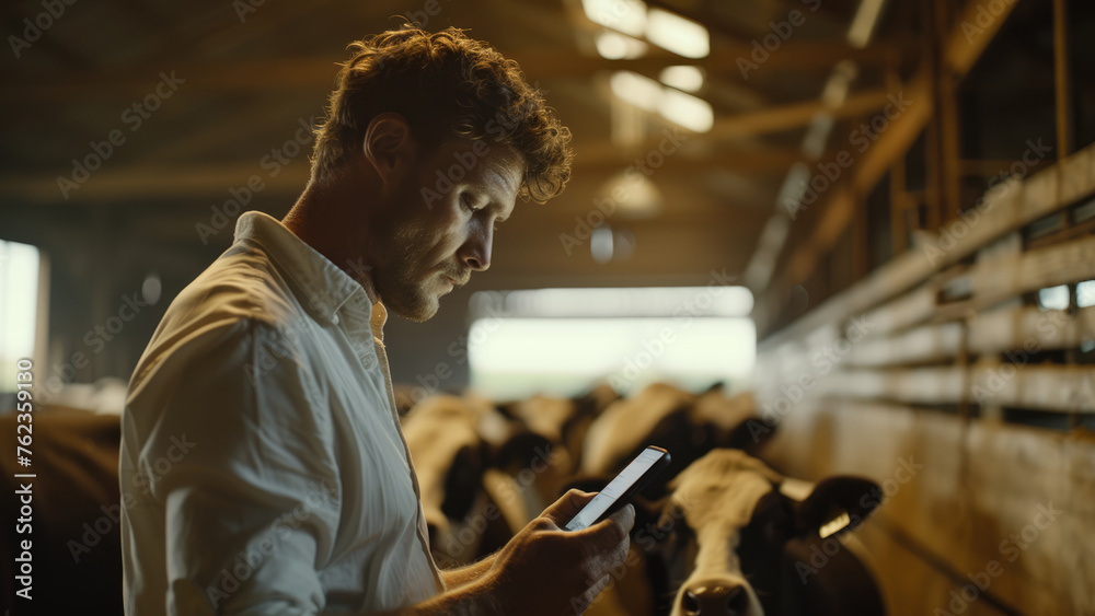 Rancher Observing Phone Screen with Livestock in Background
