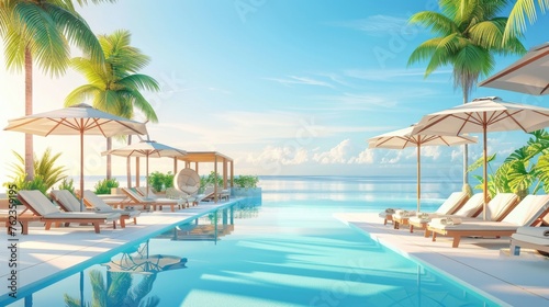 A serene tropical resort pool scene with palm trees  sun loungers  and ocean horizon at sunset  conveying pure relaxation