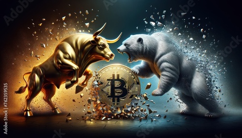 financial market concepts 'Bull and Bear', where a golden bull and a silver bear