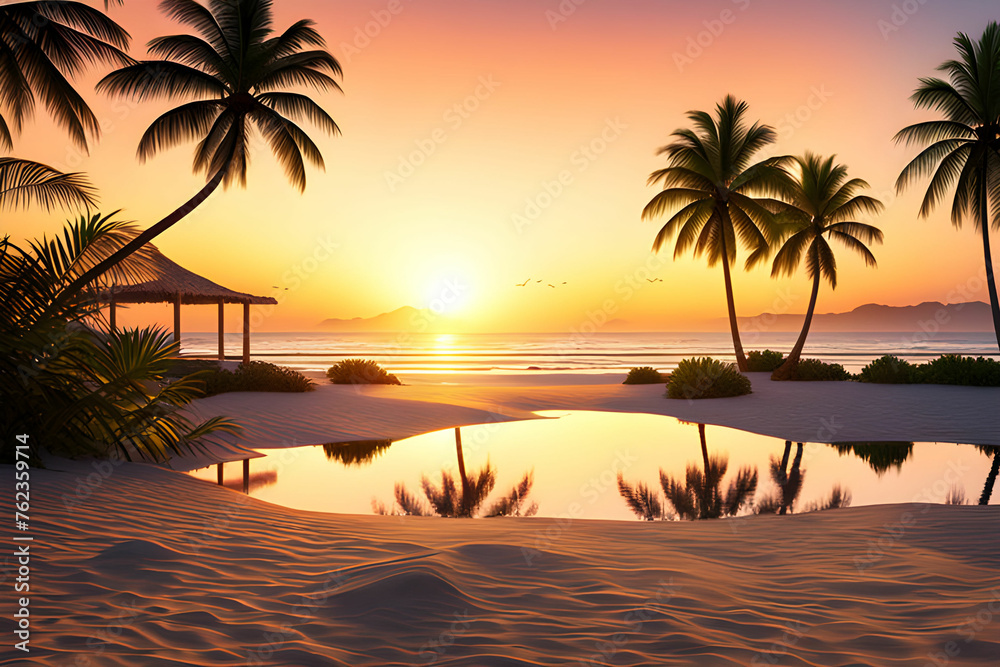 Calm beach sunset scene with palm trees and gentle waves. Generative AI