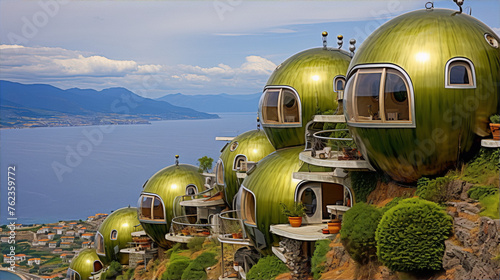Futuristic green domed houses with portholes on a hillside overlooking the sea