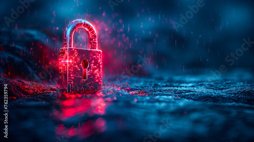 A neon red padlock showcasing cyber security concepts, dripping with simulated rain on a digital surface © Fxquadro