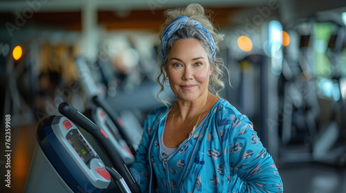 Happy confident overweight woman in blue fitness clothes on trainer treadmill in gym, close up, copy space, concept of healthy lifestyle, losing weight, work out in gym.