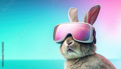 Scared bunny with glasses on eyes on iridescent background.