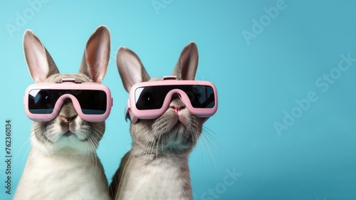 Cute rabbits with sunglasses against blue background.