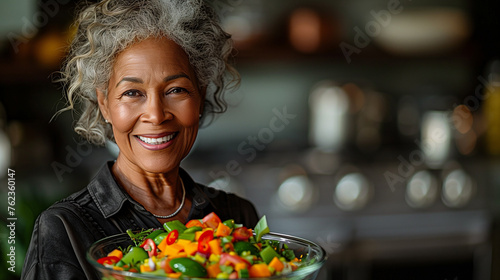Aged woman smiling happily and holding a healthy vegetable salad bowl on blurred kitchen background, with copy space. photo