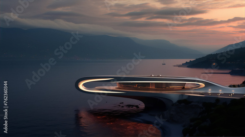 Futuristic house with infinity pool and amazing sea view at sunset