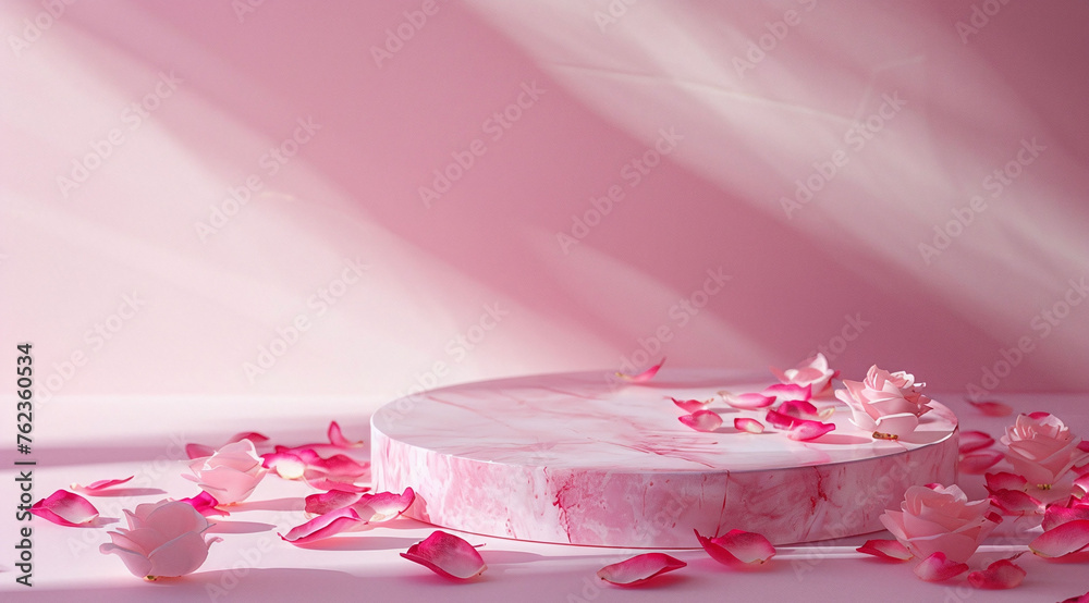 Round marble podium with pink roses and petals on pastel pink background with soft shadows. Product display with floral concept for cosmetics, beauty, and romance. Studio shot with copy space 