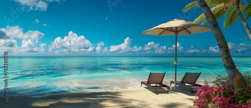 A beach scene with two lounge chairs and an umbrella © IonelV