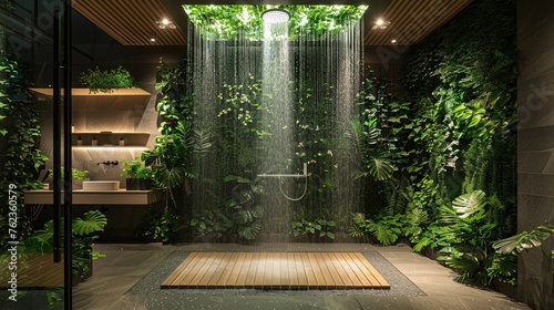 Luxurious eco-friendly shower with ceiling-mounted rain shower head in a modern bathroom adorned with lush greenery, minimalist design