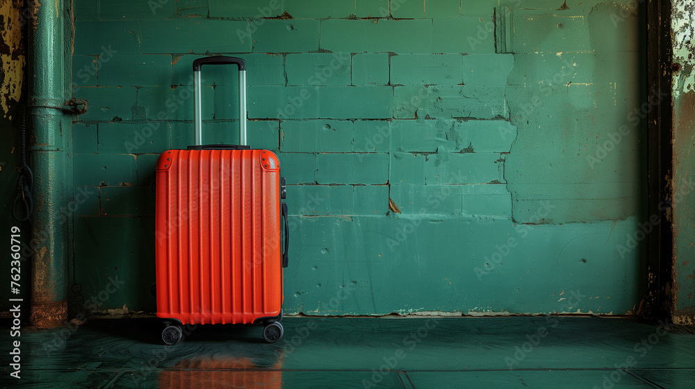 Lush orange luggage ready for going travel on green background, with copy space, bright color backgrounds.